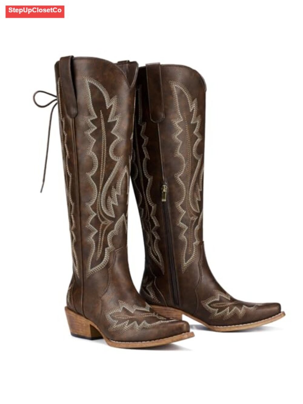 Wide Calf Cowboy Boots Lace Up Knee High Cowgirl Boots Snip Toe Chunky Heel